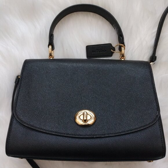 Coach Handbags - COACH Black Tilly Top Handle Cross Grain Handbag Satchel with Gold Turn lock